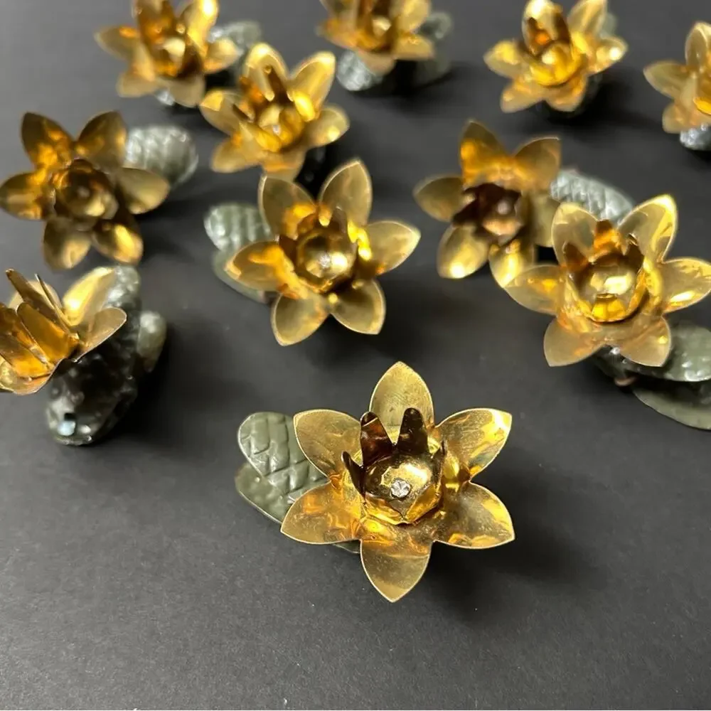 Vintage 1940s Gold & Green Metal Floral Clip-On Christmas Tree Candle Ornaments